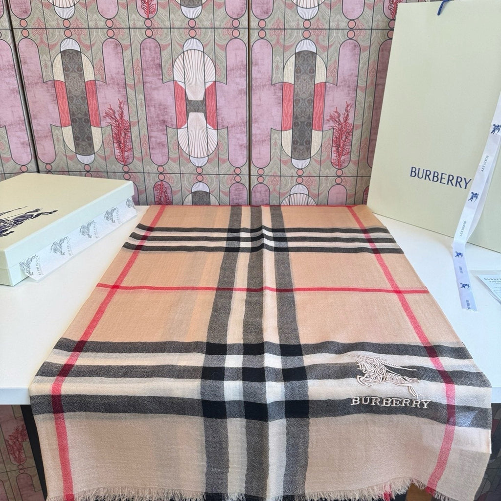 Burberry Beige Plaid Cashmere Scarf