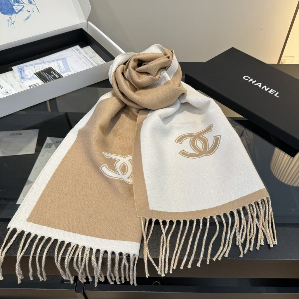 Chanel Contrast-Border Two-Tone Fringed Scarf