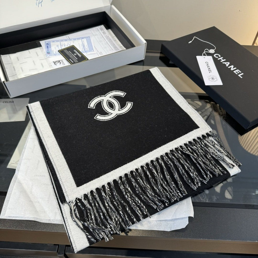 Chanel Contrast-Border Two-Tone Fringed Scarf