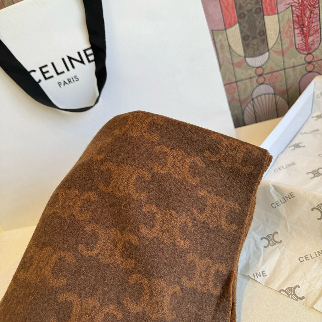 Celine Brown Patterned Fringed Scarf