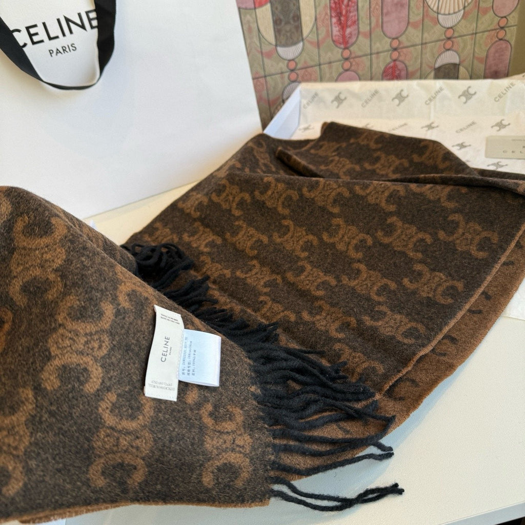 Celine Brown Patterned Fringed Scarf