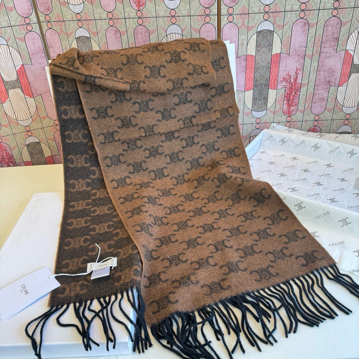 Celine Brown Patterned Fringed Scarf