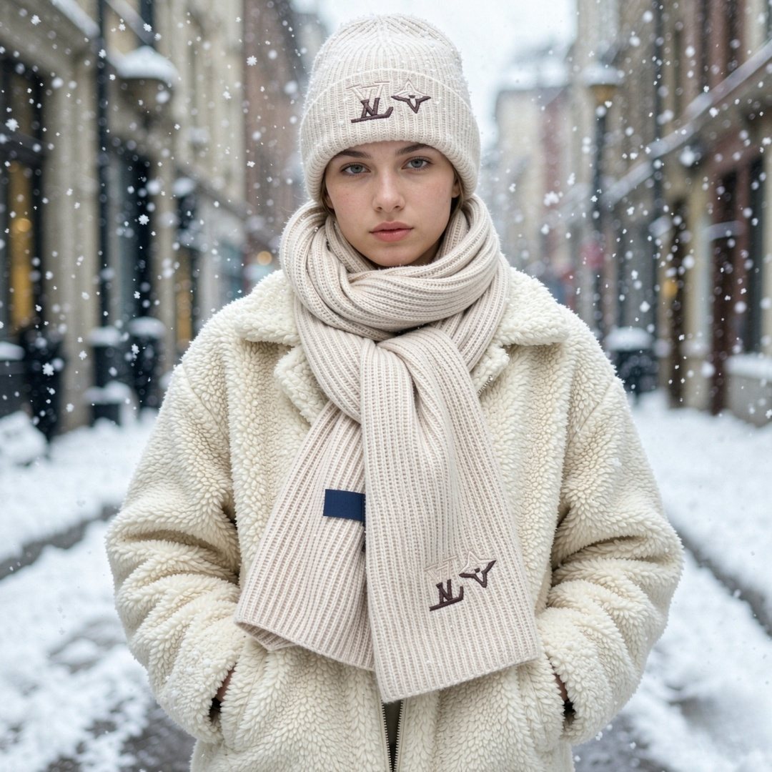Louis Vuitton Embroidered Monogram Scarf and Beanie Set