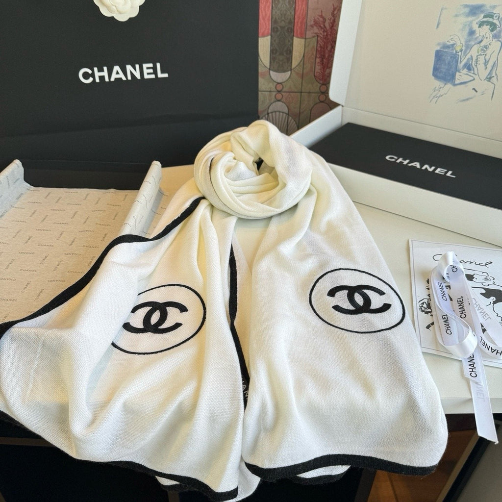 Chanel Contrast-Trim Logo Scarf