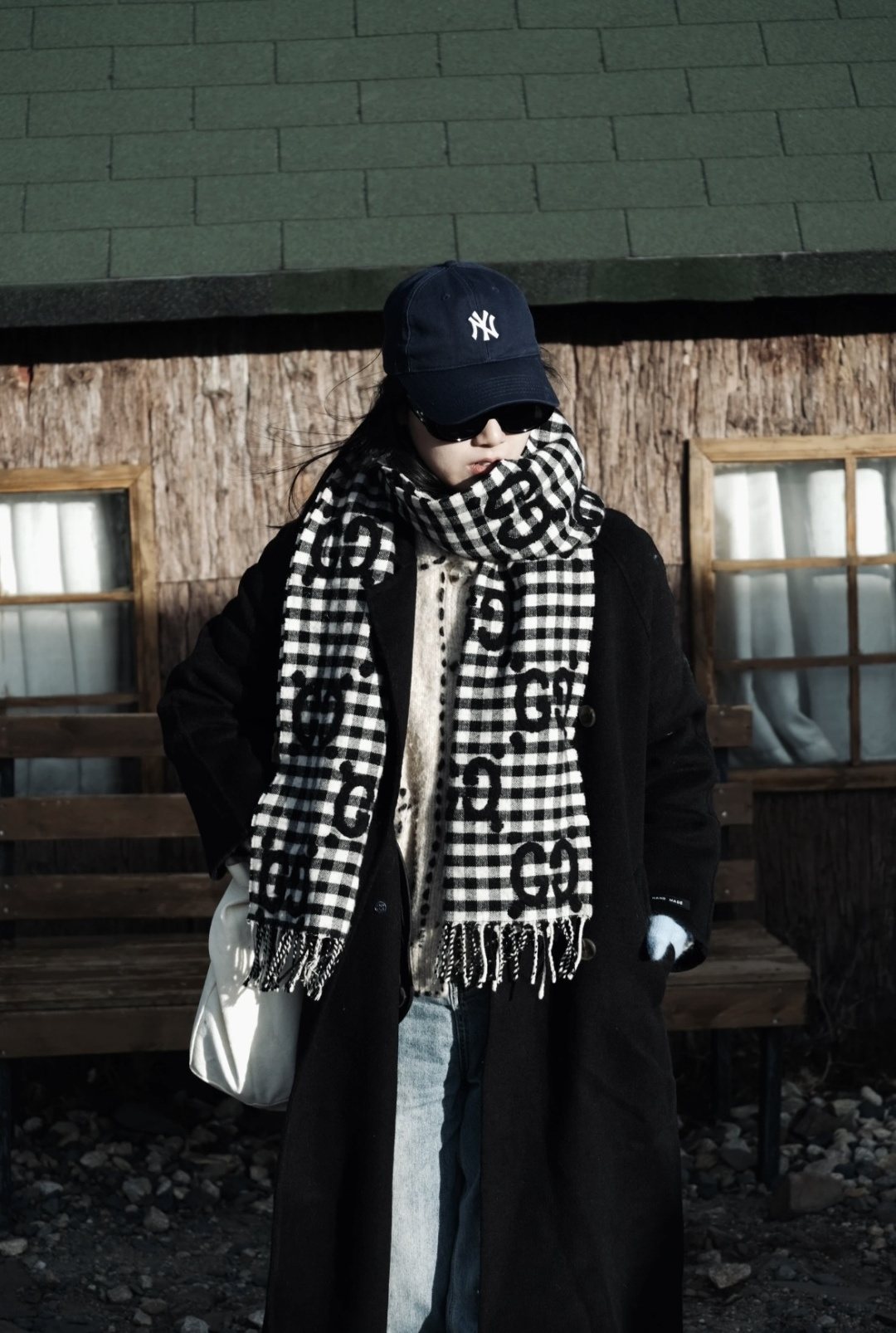 Gucci Black and White Check Fringe Scarf