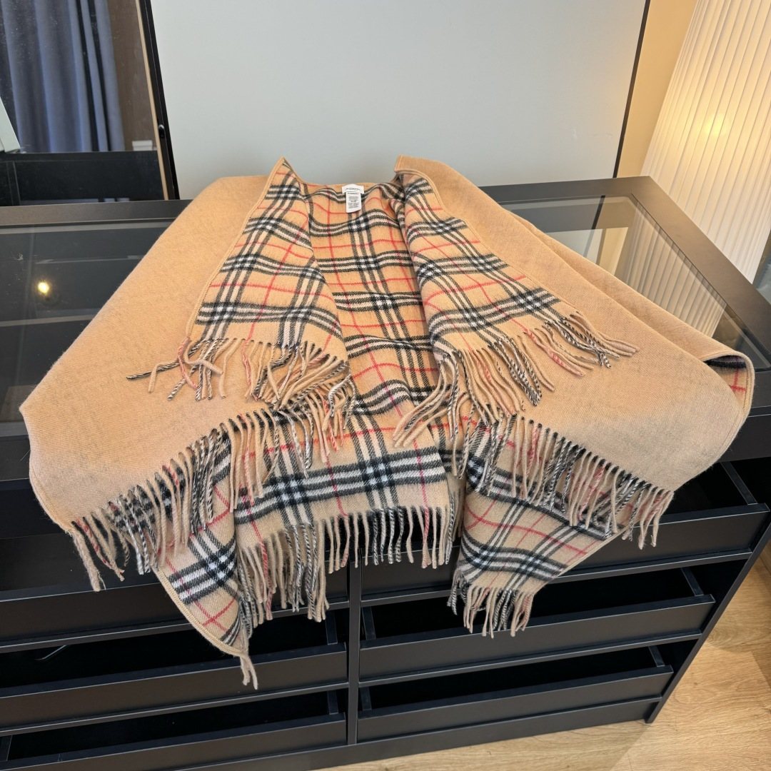 Reversible Plaid Fringed Wrap Cape