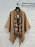 Reversible Plaid Fringed Wrap Cape