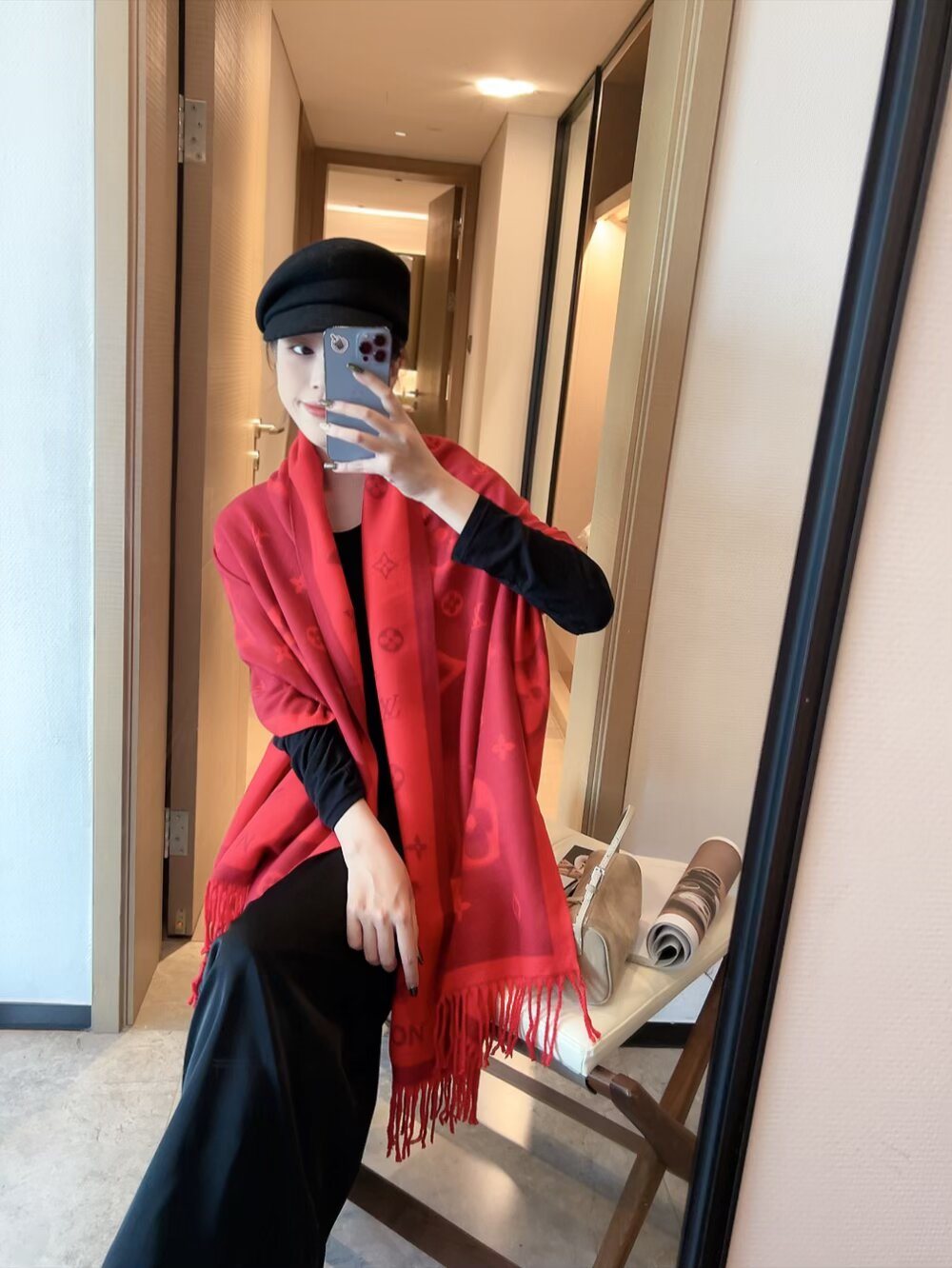 Louis Vuitton Contrast-Letter Monogram Fringed Scarf