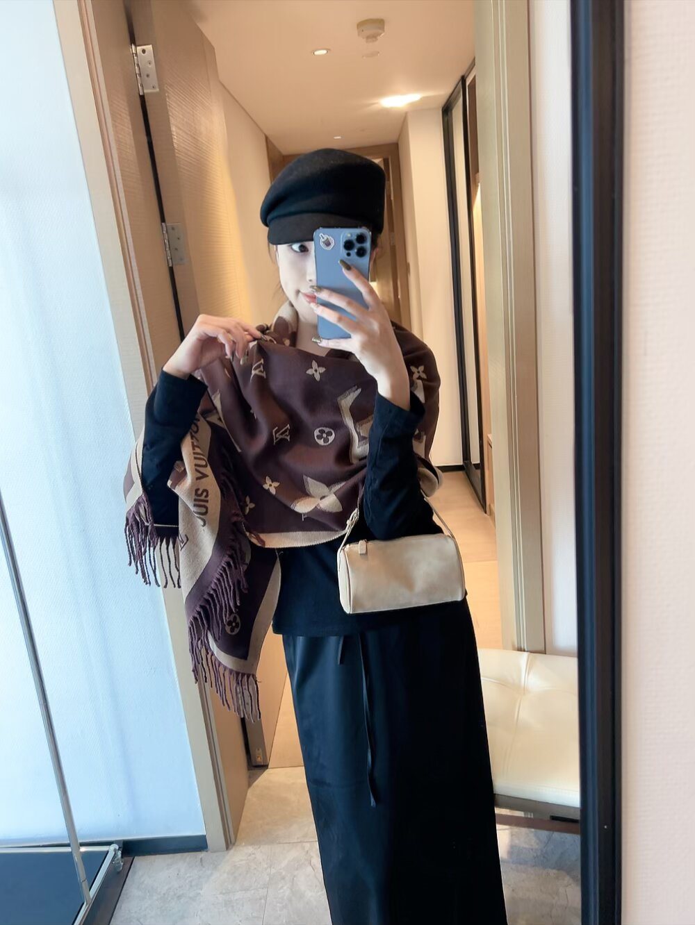 Louis Vuitton Contrast-Letter Monogram Fringed Scarf