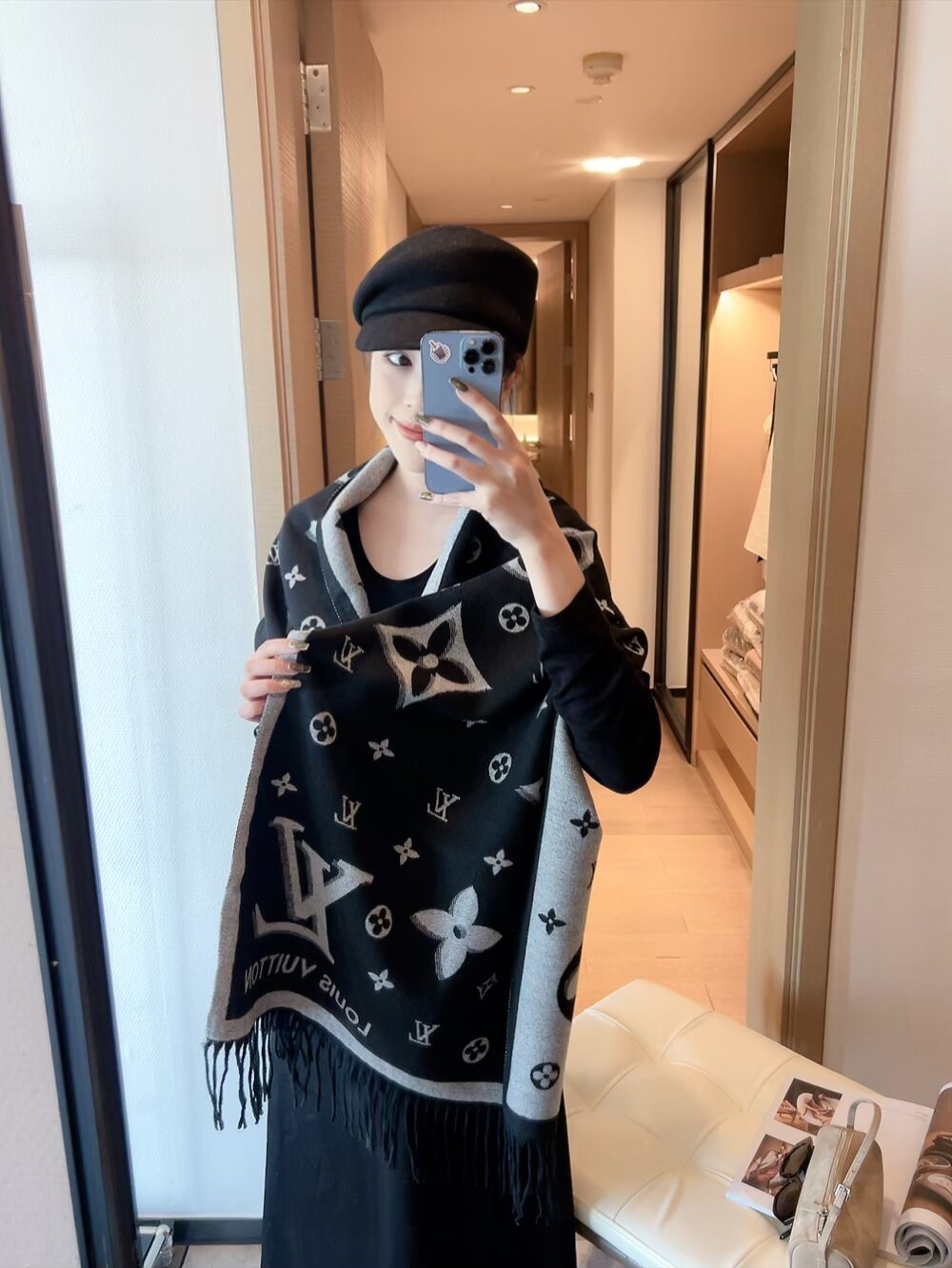 Louis Vuitton Contrast-Letter Monogram Fringed Scarf
