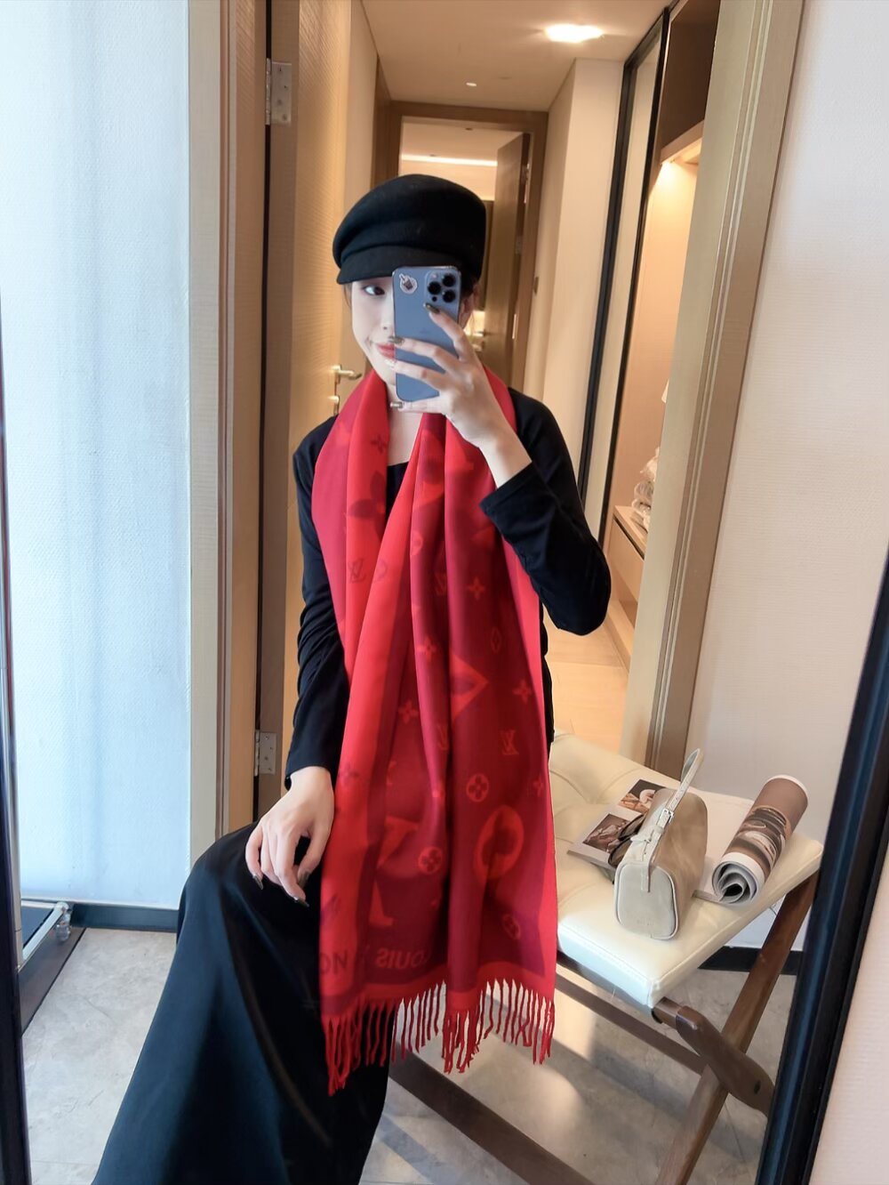 Louis Vuitton Contrast-Letter Monogram Fringed Scarf