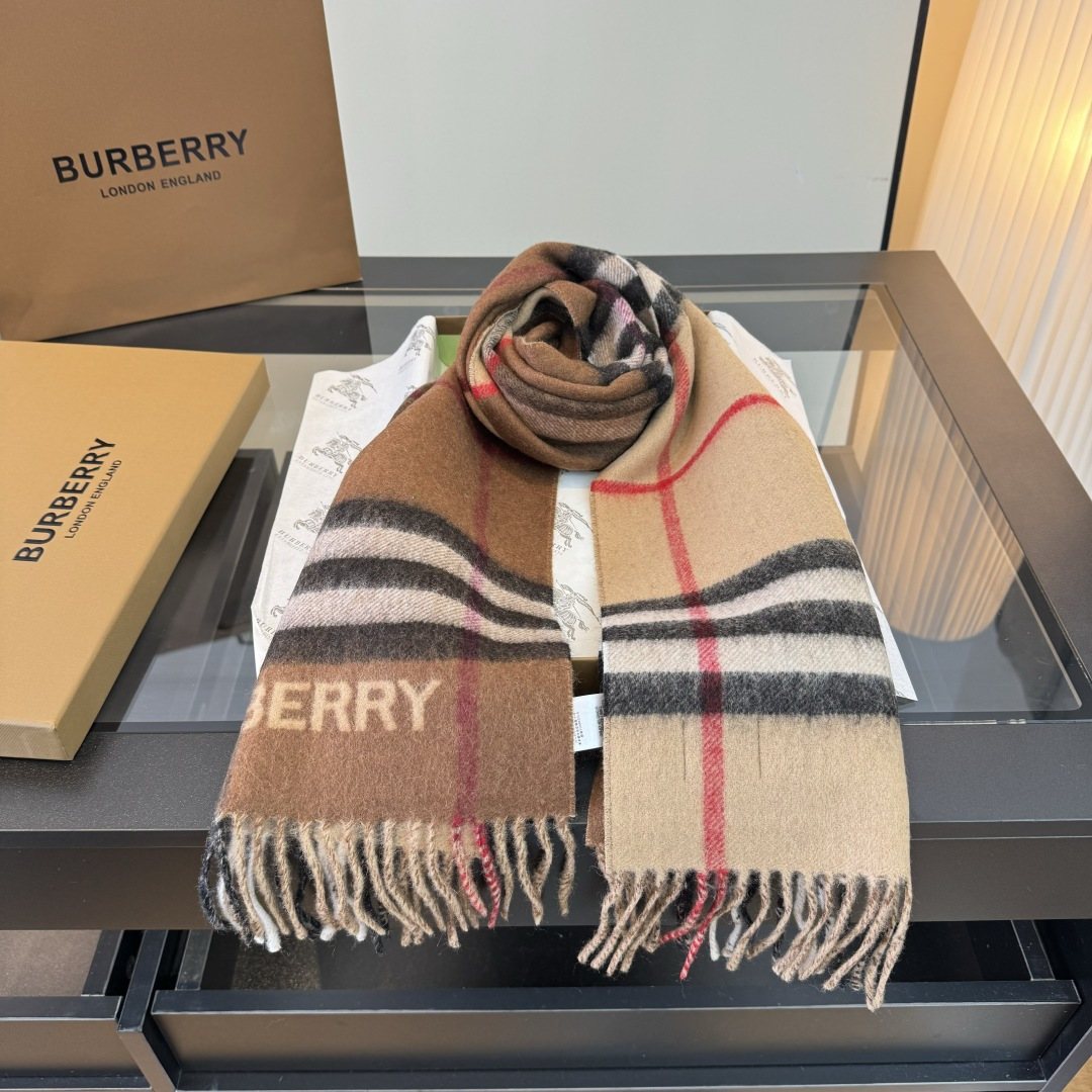Burberry Lettered Plaid Fringed Scarf