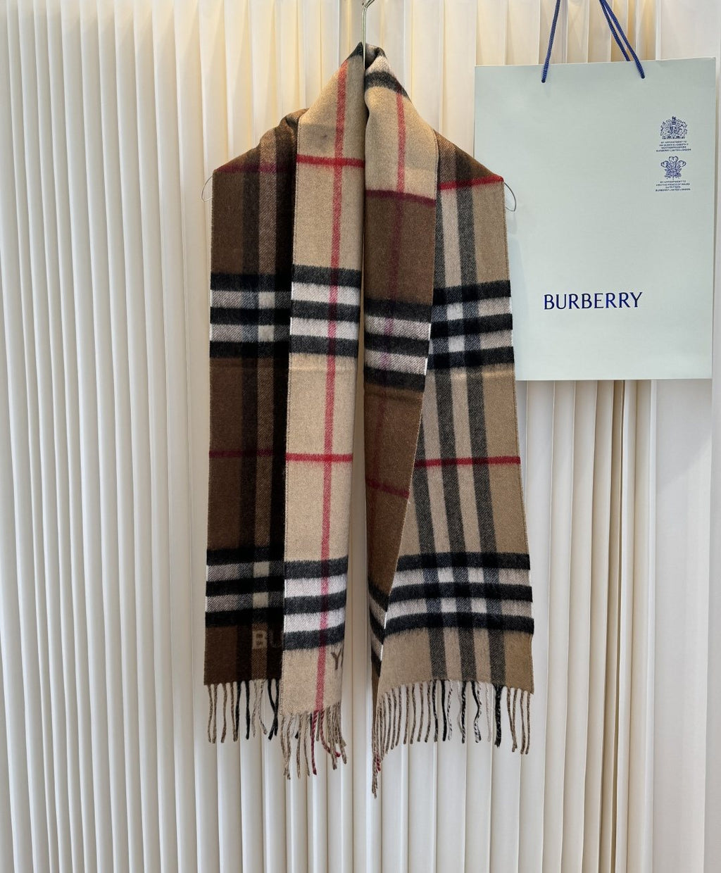 Burberry Lettered Plaid Fringed Scarf