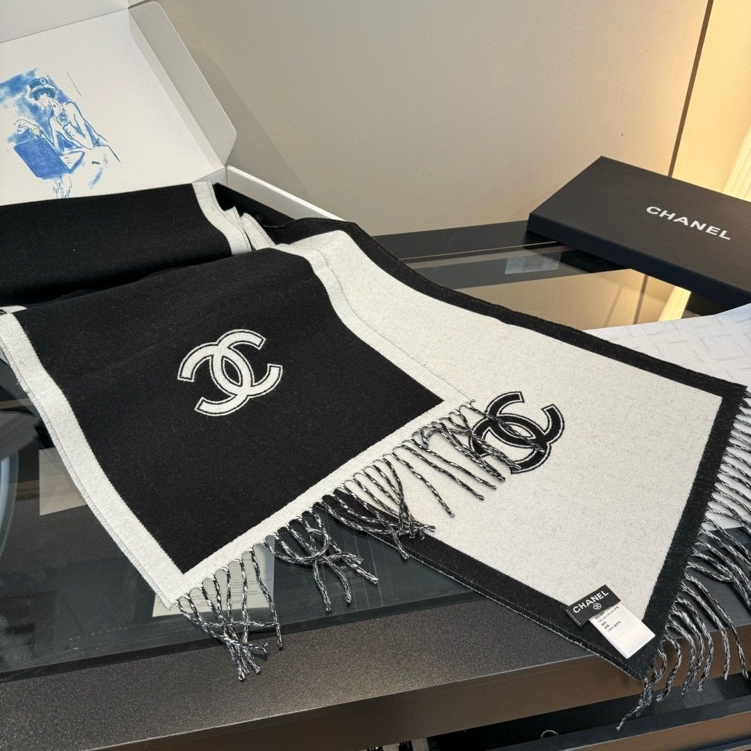 Chanel Contrast Panel Fringed Scarf