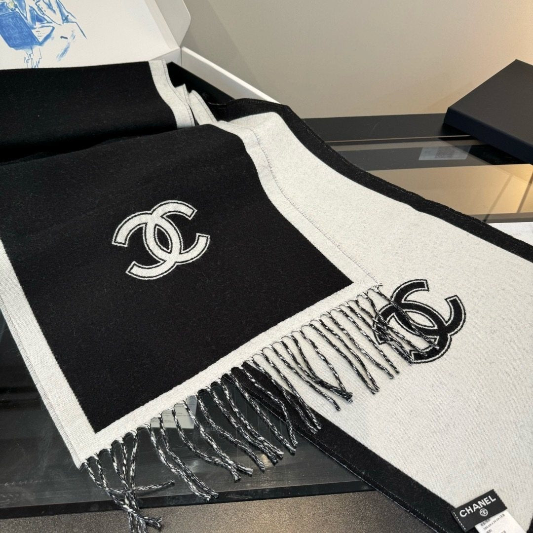 Chanel Contrast Panel Fringed Scarf