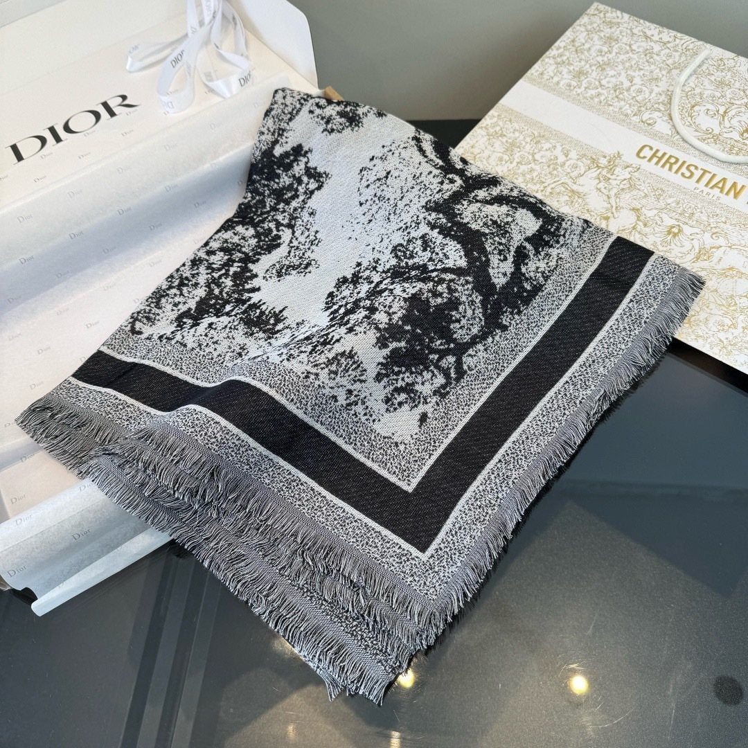 Dior Toile Print Fringe Square Scarf