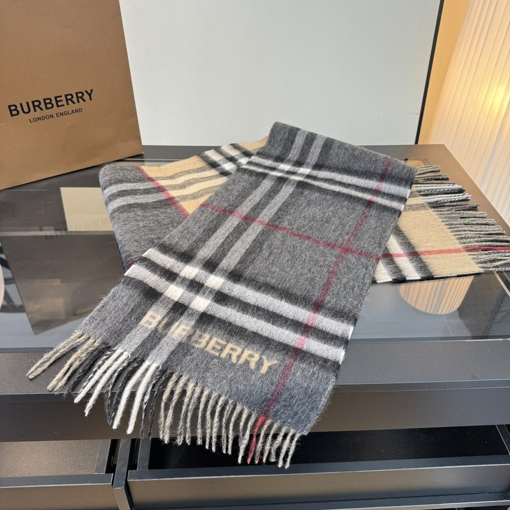Burberry Charcoal Gray and Beige Plaid Scarf