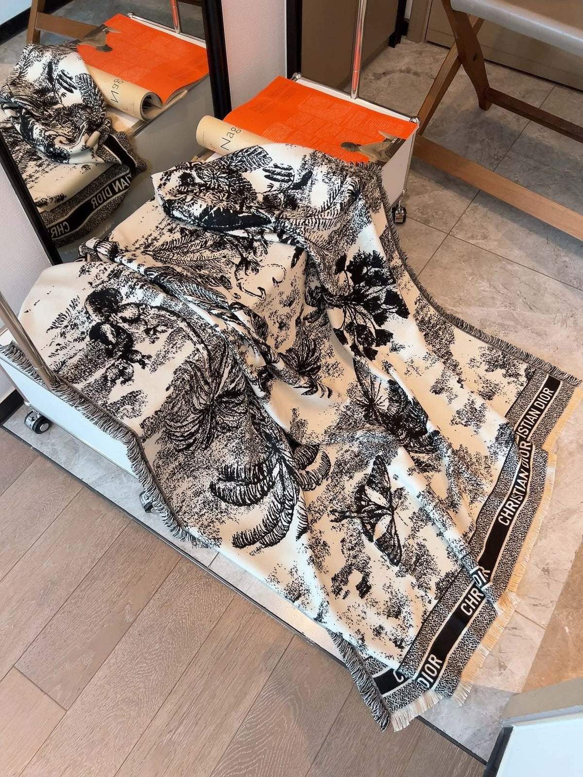Dior Botanical Print Fringe Square Scarf