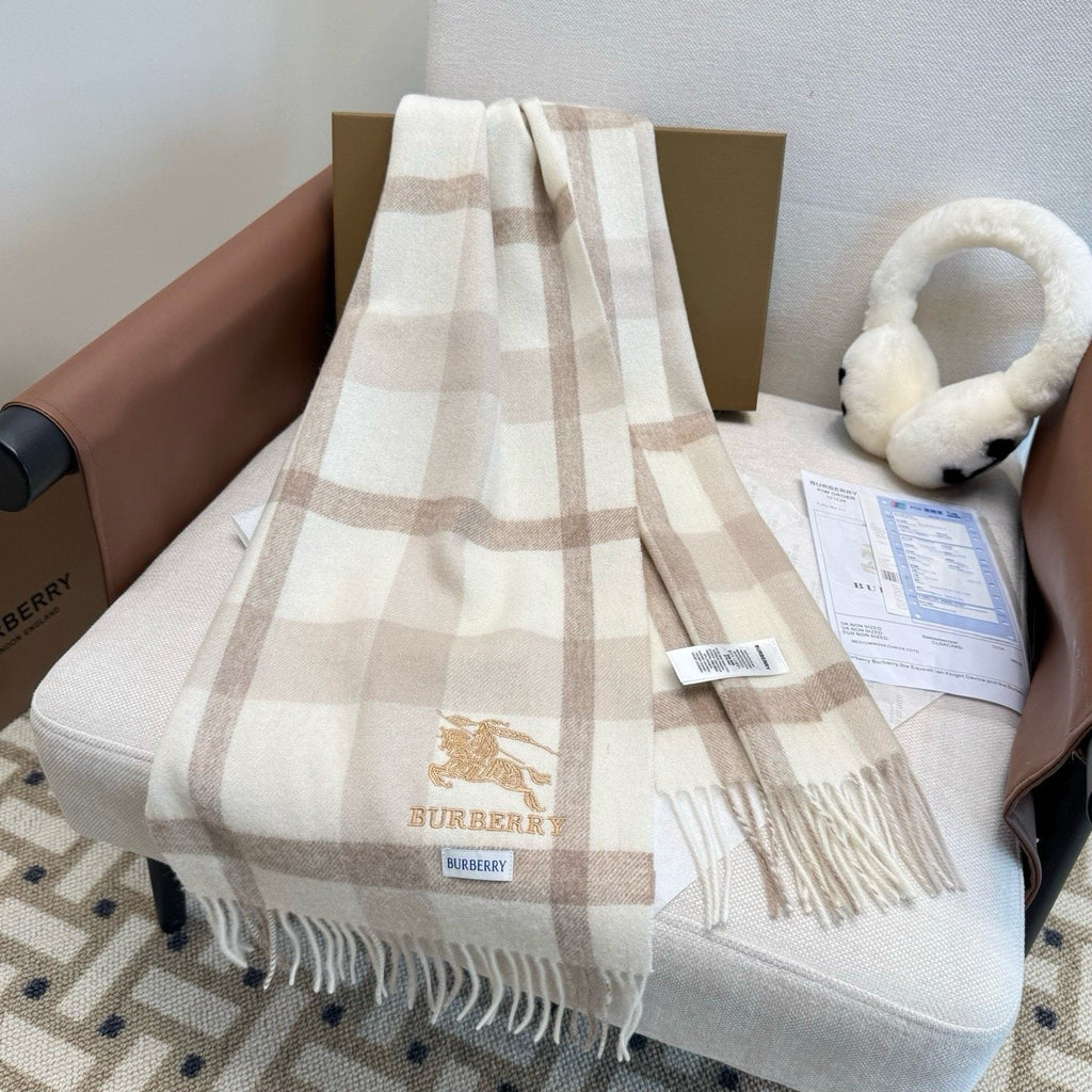 Burberry Cream Taupe Check Fringed Scarf
