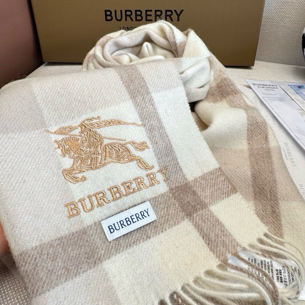 Burberry Cream Taupe Check Fringed Scarf