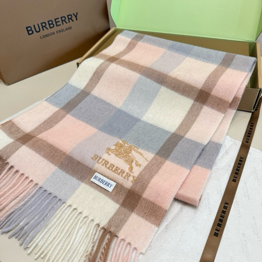 Burberry Cream Taupe Check Fringed Scarf