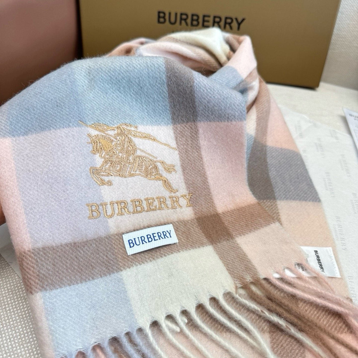 Burberry Pink Plaid Fringed Scarf
