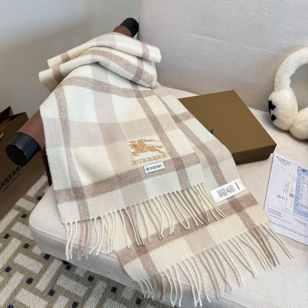 Burberry Cream Taupe Check Fringed Scarf