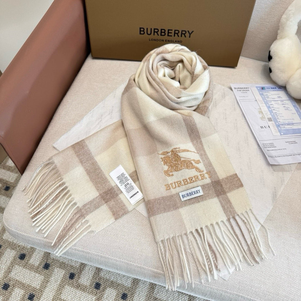 Burberry Cream Taupe Check Fringed Scarf