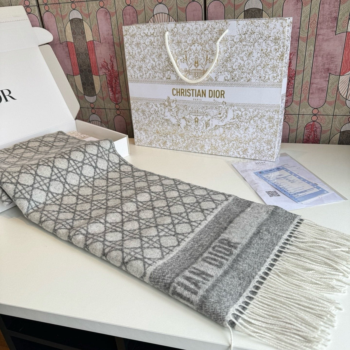 Dior Geometric Woven Scarf with Lettered Border