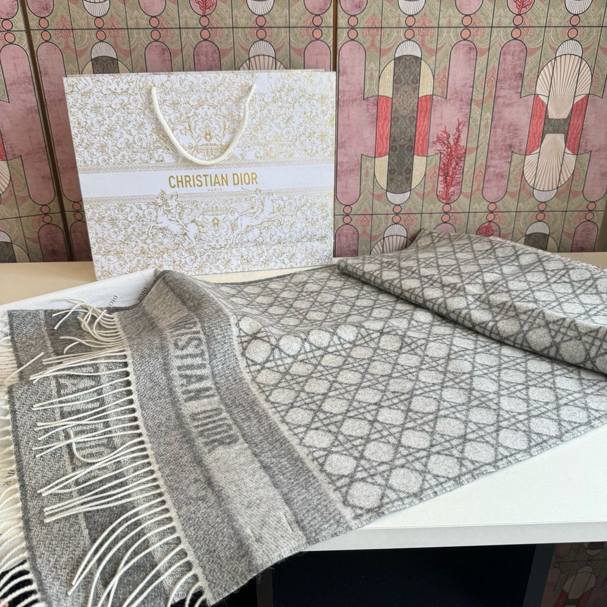 Dior Geometric Woven Scarf with Lettered Border