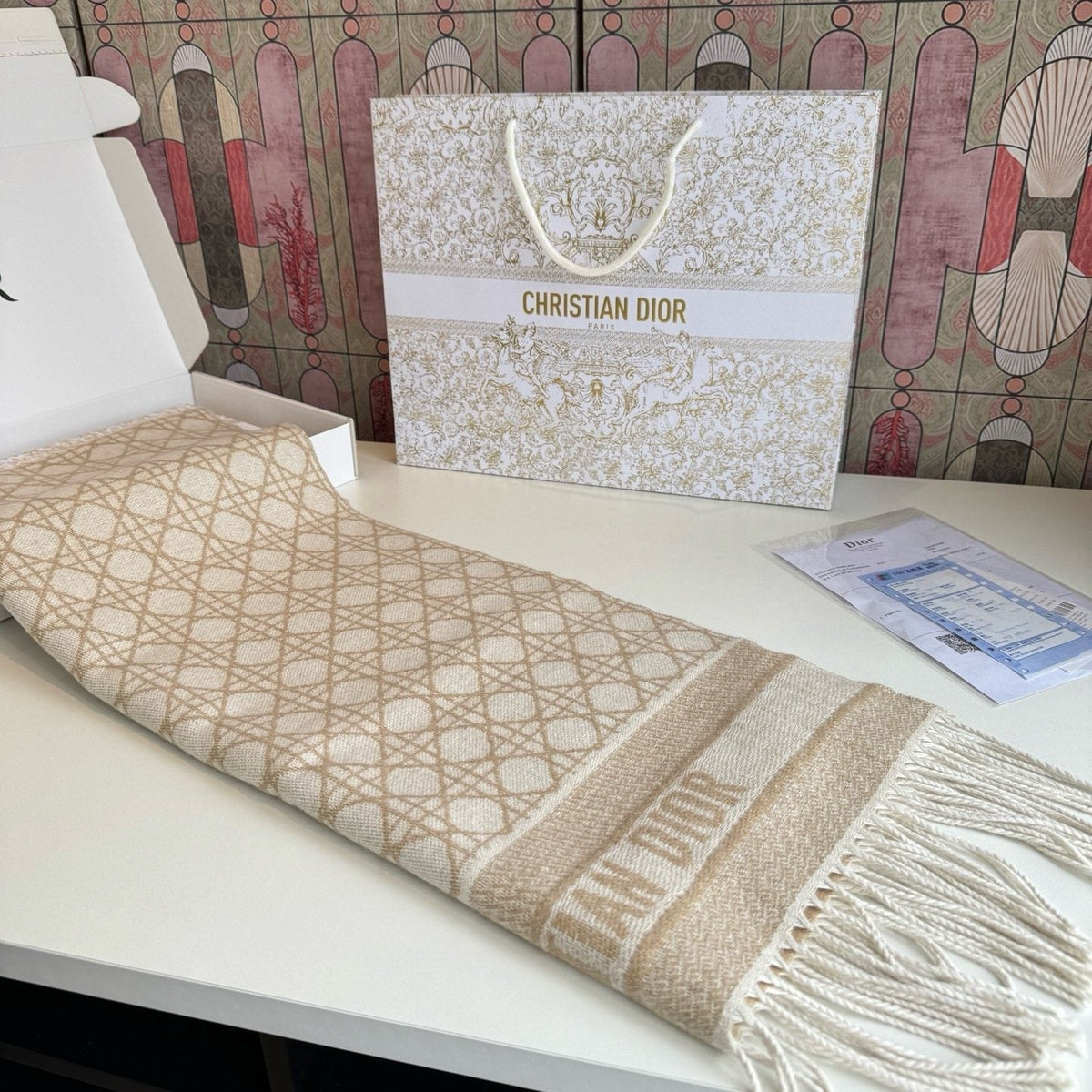 Dior Geometric Woven Scarf with Lettered Border