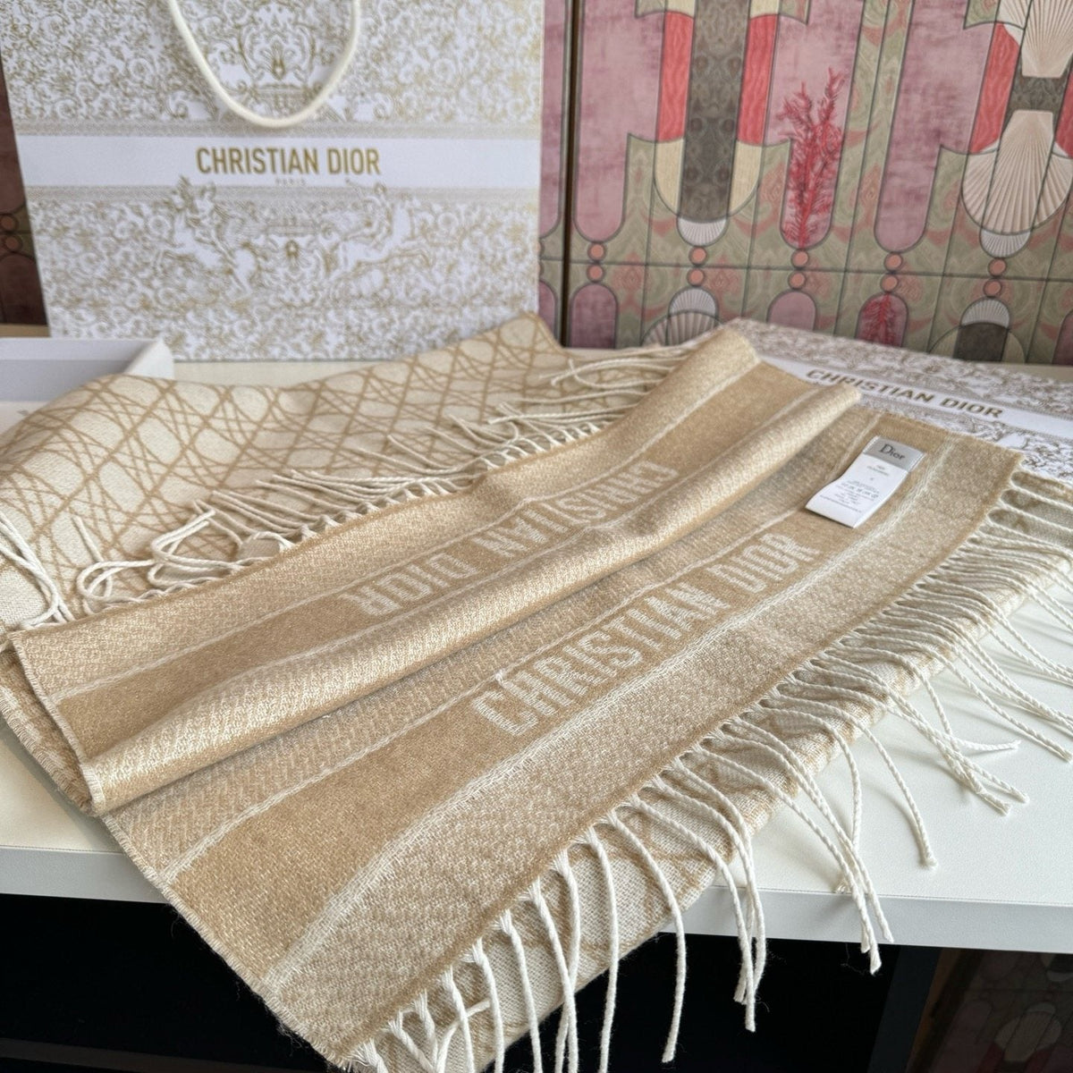 Dior Geometric Woven Scarf with Lettered Border