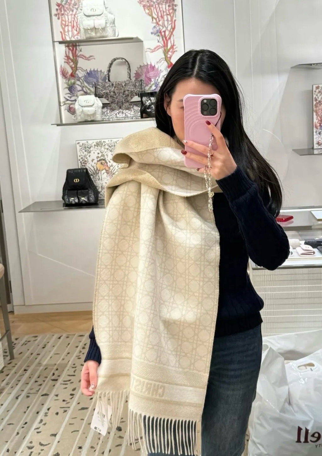Dior Geometric Woven Scarf with Lettered Border